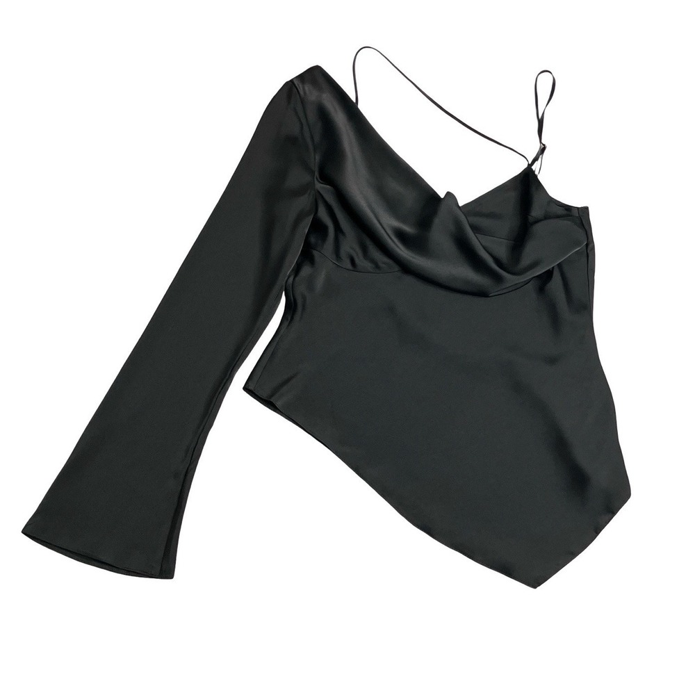 Topshop Asymmetrical One Shoulder Top Womens 8 Black Satin Strappy Drape Neck